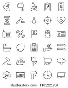 thin line vector icon set - towel vector, mixer, microscope, leaf, investment, auction, receipt, clock, sand, dollar flag, euro sign, phone, calendar, clipboard, tulip, heart cross, connect, bath