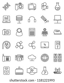 thin line vector icon set - iron vector, calculator, world, flask, laptop graph, molecule, satellite, tv, video camera, headphones, notebook pc, speaker, dna, network, server, cloud, lan connector