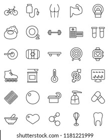 thin line vector icon set - soap vector, liquid, barbell, bike, punching bag, fitball, muscule hand, buttocks, roller Skates, skateboard, target, pills, sports nutrition, molecule, heart monitor
