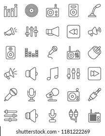 thin line vector icon set - music vector, disk, microphone, radio, speaker, loudspeaker, settings, equalizer, forward button, backward, rca, jack