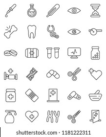 thin line vector icon set - liquid soap vector, first aid kit, heart cross, thermometer, flask, vial, eye, dropper, crutches, scissors, broken bone, sand clock, patch, stethoscope, pills, bottle
