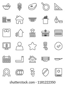 thin line vector icon set - plates vector, pan, colander, cookbook, pasta, steak, university, school building, corner ruler, medal, dollar growth, calendar, monitor, scales, cereals, port, no hook