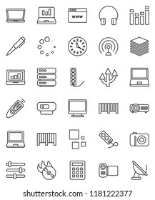thin line vector icon set - pen vector, laptop graph, clock, barcode, music hit, antenna, equalizer, remote control, headphones, notebook pc, big data, browser, loading, route arrow, calculator, web
