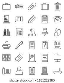 thin line vector icon set - trash bin vector, shining window, pencil, case, pen, clipboard, binder, phone, receipt, classic, thumbtack, medical room, network folder, router, attachment, user