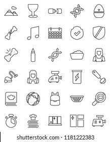 thin line vector icon set - vacuum cleaner vector, window cleaning, foam basin, shining, woman, colander, cook timer, ladle, cookbook, backpack, music, punching bag, enegry drink, calendar, glass