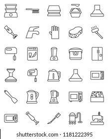 thin line vector icon set - water tap vector, vacuum cleaner, fetlock, sponge, car, washing powder, rubber glove, kettle, spatula, microwave oven, blender, fridge, dishwasher, mixer, hood