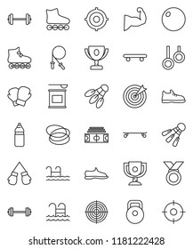 thin line vector icon set - award cup vector, target, barbell, stadium, weight, jump rope, fitball, muscule hand, snickers, boxing glove, roller Skates, skateboard, medal, sports nutrition, pool