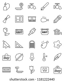 thin line vector icon set - water tap vector, splotch, welcome mat, washboard, rolling pin, thermometer, chicken leg, pen, pencil, corner ruler, tulip, big scales, Railway carriage, hdmi, cottage