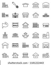 thin line vector icon set - house hold vector, skimmer, university, school building, bank, muscule hand, office, dry cargo, warehouse, hospital, cottage, garage, barn, sold signboard, apartments