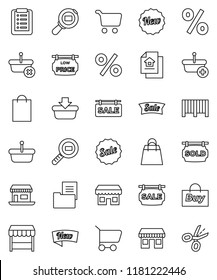 thin line vector icon set - cart vector, office, cargo search, estate document, sale signboard, sold, low price, new, shopping bag, percent, market, store, buy, barcode, basket, list, coupon