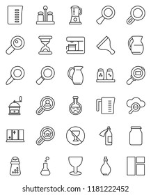 thin line vector icon set - scraper vector, shining window, oil, measuring cup, hand mill, spices, jug, jar, magnifier, no alcohol sign, glass, cargo search, flask, sand clock, potion, cloud, estate
