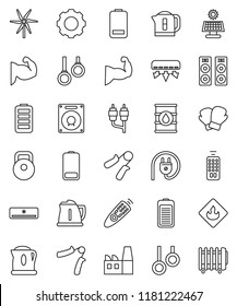thin line vector icon set - kettle vector, weight, hand trainer, muscule, boxing glove, gymnast rings, flammable, oil barrel, remote control, battery, rca, gear, solar panel, windmill, factory