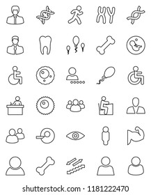 thin line vector icon set - student vector, manager, man, muscule hand, stairways run, bone, client, group, disabled, eye, dna, pregnancy, insemination, chromosomes, sperm, ovule, tooth, user, login