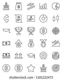 thin line vector icon set - graduate hat vector, award cup, certificate, graph, pie, japanese candle, money bag, dollar growth, bank building, target, medal, cent sign, stairways run, top, favorites
