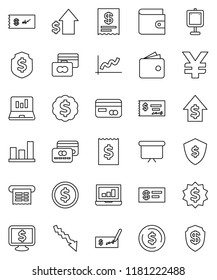 thin line vector icon set - presentation vector, dollar coin, graph, laptop, credit card, wallet, crisis, growth, check, receipt, board, medal, shield, monitor, yen sign