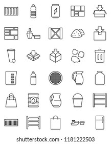 thin line vector icon set - bucket vector, trash bin, garbage pile, measuring cup, jug, sieve, jar, enegry drink, water bottle, sea container, port, wood box, consolidated cargo, package, oil barrel