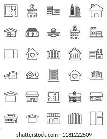 thin line vector icon set - university vector, school building, bank, stadium, dry cargo, hospital, home, cottage, chalet, barn, fence, plan, apartments, office, love, store, mall, window
