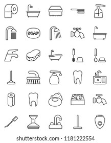 thin line vector icon set - soap vector, water tap, fetlock, mop, sponge, car, bath, toilet brush, liquid, paper, shower, sink, tooth, epilator