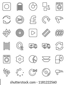thin line vector icon set - washboard vector, toilet paper, plates, pie graph, pound, oxygen, disk, play button, rec, pills blister, gear, refresh, redo, loading, route arrow, relocation truck