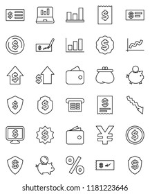 thin line vector icon set - dollar coin vector, graph, laptop, wallet, crisis, piggy bank, growth, check, receipt, medal, shield, monitor, yen sign, percent