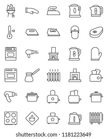 thin line vector icon set - iron vector, pan, camping cauldron, kettle, cook glove, turk coffee, toaster, oven, thermometer, bbq, steak, flammable, fireplace, heating, hair dryer, heater