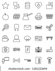 thin line vector icon set - fetlock vector, kettle, measuring cup, turk coffee, plates, university, blackboard, scissors, diet, horizontal bar, enegry drink, heart cross, first aid kit, oil barrel