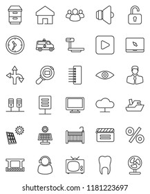 thin line vector icon set - route vector, client, ship, clock, big scales, cargo search, cinema clap, film frame, speaker, monitor, notebook pc, group, play button, eye, amkbulance car, tooth, hub