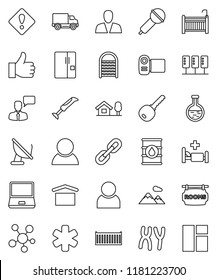 thin line vector icon set - washboard vector, sea container, delivery, dry cargo, oil barrel, microphone, speaking man, notebook pc, social media, finger up, ambulance star, flask, chromosomes, user