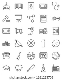 thin line vector icon set - broom vector, cleaning agent, knife, rolling pin, oven, potato, cake, graduate hat, school building, bus, presentation, molecule, receipt, target, boxing glove, traking