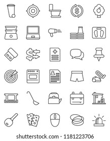 thin line vector icon set - trash bin vector, toilet, kettle, ladle, double boiler, backpack, exchange, target, personal information, scales, shorts, breads, hoop, film frame, dialog, notebook pc