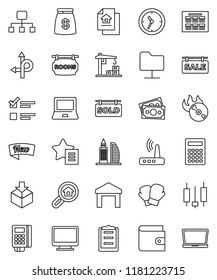 thin line vector icon set - calculator vector, notebook pc, schedule, exam, japanese candle, wallet, boxing glove, route, money, clock, clipboard, warehouse, package, music hit, network folder, sold