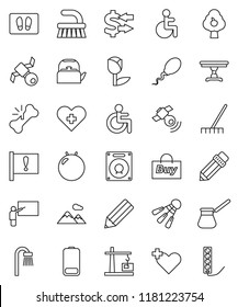 thin line vector icon set - fetlock vector, rake, welcome mat, kettle, turk coffee, pencil, blackboard, exchange, fitball, shuttlecock, attention, satellite, tulip, satellitie, battery, disabled
