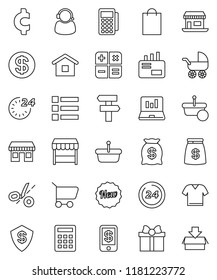 thin line vector icon set - laptop graph vector, cent sign, office, gift, dollar coin, money bag, new, 24 hour, shopping, market, support, card reader, basket, cart, home, calculator, mail, tap pay
