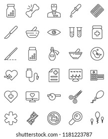 thin line vector icon set - pills vial vector, heart monitor, cross, ambulance star, pulse, doctor, eye, magnifier, pregnancy, dropper, crutches, scissors, scalpel, broken bone, bottle, blister, hat