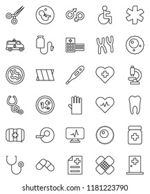 thin line vector icon set - rubber glove vector, heart cross, first aid kit, ambulance star, disabled, pulse, thermometer, gender sign, pregnancy, insemination, scissors, patch, stethoscope, pills