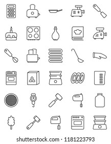 thin line vector icon set - pan vector, oil, measuring cup, scales, cook glove, towel, whisk, spatula, ladle, meat hammer, grater, mixer, toaster, oven, double boiler, cookbook, plates, sieve, jar