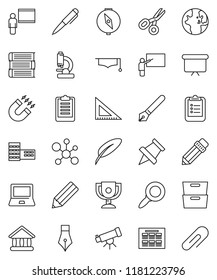 thin line vector icon set - book vector, graduate hat, pen, pencil, school building, blackboard, corner ruler, telescope, notebook pc, schedule, clipboard, paper pin, compass, award cup, magnet