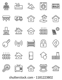 thin line vector icon set - house hold vector, pool, solar panel, fruit tree, mountain, sold signboard, client search, key, lock, crib, washer, relocation truck, love home, fireplace, heating, tv