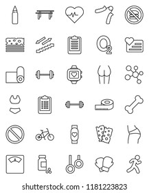 thin line vector icon set - barbell vector, measuring, scales, heart pulse, clipboard, pills vial, bike, hand trainer, horizontal bar, punching bag, buttocks, boxing glove, swimsuite, molecule, bone