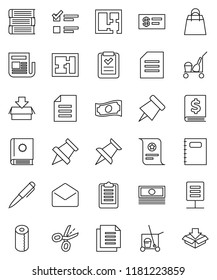 thin line vector icon set - cleaner trolley vector, toilet paper, book, copybook, pen, pin, certificate, document, exam, cash, annual report, clipboard, newspaper, thumbtack, mail, network, plan