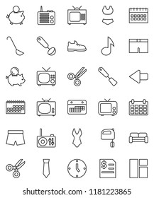 thin line vector icon set - spatula vector, ladle, mixer, scissors, music, piggy bank, annual report, clock, tie, calendar, snickers, shorts, swimsuite, tv, arrow, cushioned furniture, radio, window