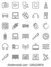 thin line vector icon set - pen vector, laptop graph, clock, music hit, camera, antenna, remote control, headphones, notebook pc, stop button, forward, equalizer, lan connector, bench, loading