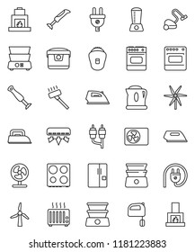 thin line vector icon set - vacuum cleaner vector, iron, mixer, oven, double boiler, rca, windmill, air conditioner, ari condition, fridge, power plug, multi cooker, blender, epilator, fan, kettle