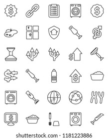 thin line vector icon set - scraper vector, car fetlock, toilet brush, washer, foam basin, shining window, blender, exchange, dollar growth, medal, monitor, water bottle, internet, gender sign, pond
