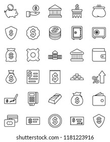 thin line vector icon set - school building vector, bank, dollar coin, gold ingot, credit card, wallet, percent growth, money bag, piggy, investment, check, medal, shield, safe, any currency, reader