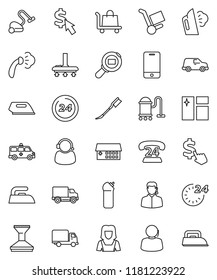 thin line vector icon set - vacuum cleaner vector, car fetlock, window cleaning, iron, steaming, agent, woman, dollar cursor, phone 24, support, delivery, cargo search, mobile, hospital building