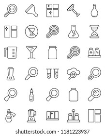 thin line vector icon set - scraper vector, window cleaning, shining, oil, measuring cup, spices, jar, magnifier, flask, no alcohol sign, glass, cargo search, vial, sand clock, potion, cloud, estate
