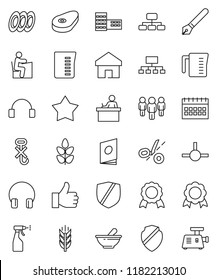 thin line vector icon set - sprayer vector, measuring cup, plates, steak, pen, school building, student, medal, man, hierarchy, calendar, cereals, no hook, protected, headphones, finger up, mortar