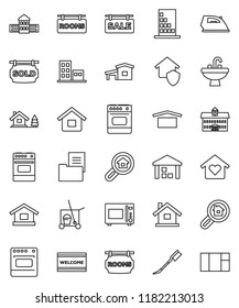thin line vector icon set - cleaner trolley vector, car fetlock, welcome mat, iron, sink, microwave oven, university, school building, dry cargo, warehouse, house, cottage, chalet, estate document