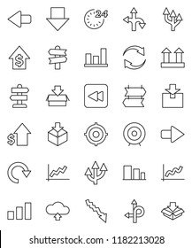 thin line vector icon set - graph vector, crisis, dollar growth, target, arrow down, route, signpost, top sign, package, sorting, backward button, refresh, redo, cloud upload, 24 hour